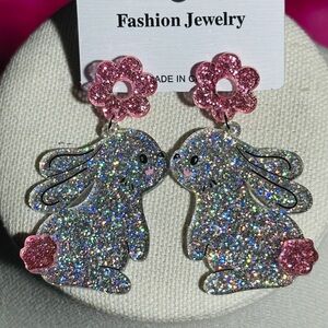 Glittery Bunny Earrings with Pink Flower Accents
